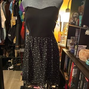 Black Strapless Fit-and-Flare Dress with Ditsy Floral Skirt